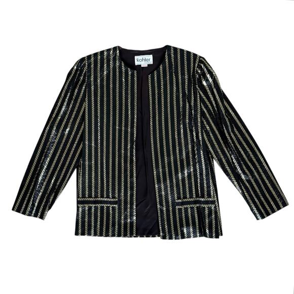 Vintage Black Gold Metallic Striped Open Front Jacket Collarless Blazer Size 16 - Picture 1 of 10